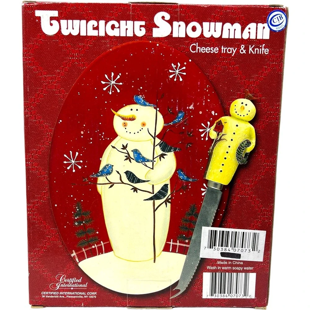 New MARY BETH BAXTER Twilight‎ Snowman Cheese Tray Plate And Knife Bluebirds